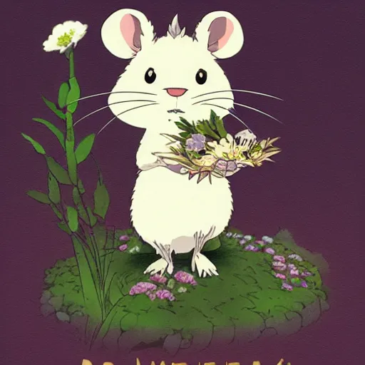 Image similar to white rat holding a flower cinematic composition, studio ghibli, cute