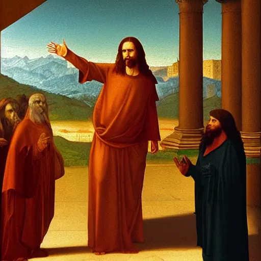 Image similar to jesus christ preaching to vladmir putin, photorealistic frame hanging on the wall, ultra-realistic in the colourful style of leonardo da vinci artstation hd oil painting and edward hooper, renaissance painting