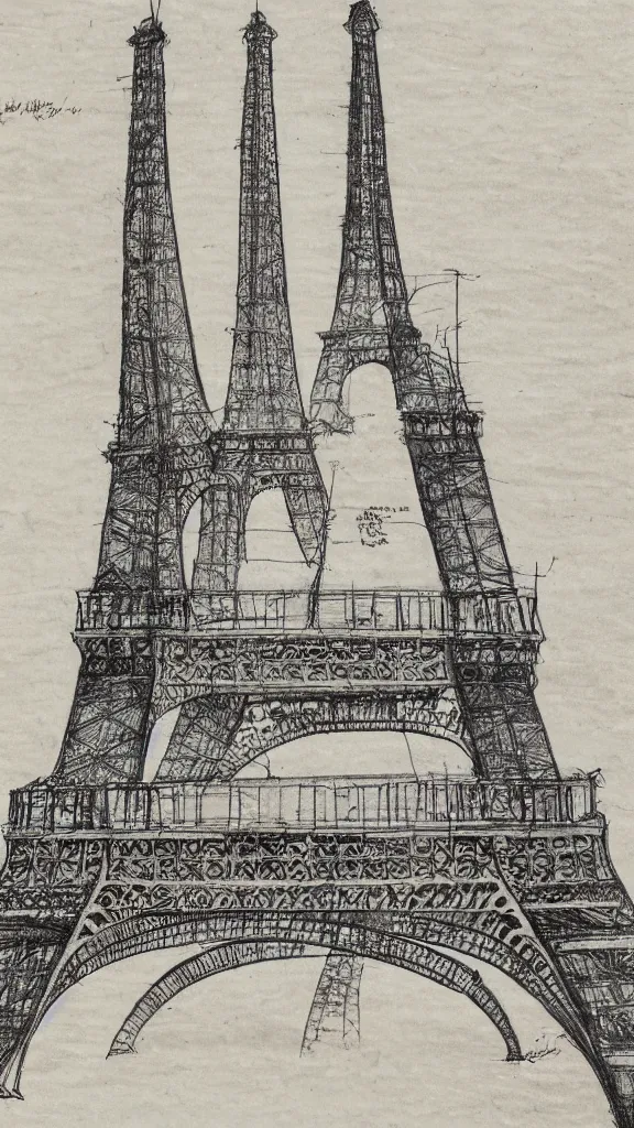 Image similar to architectural design studies of Eiffel Tower, schematics, notes, different closeup view, drawn by Leonardo da Vinci, chinese inkpen draw, artistic, intricated details