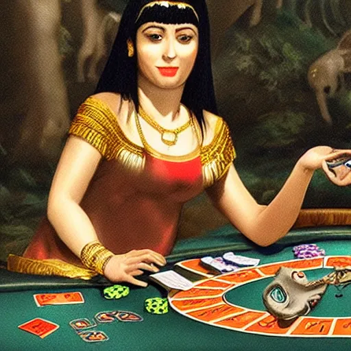 Prompt: Cleopatra playing poker and winning in a zoo, Realistic photograph
