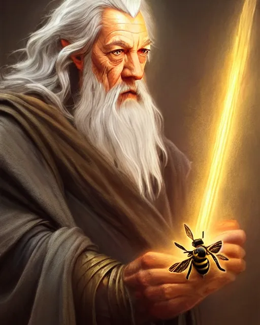 Image similar to Gandalf the grey casting a bee spell, crimson led, glowing, D&D, fantasy, intricate, elegant, highly detailed, digital painting, artstation, concept art, matte, sharp focus, illustration, hearthstone, art by Artgerm and Greg Rutkowski and Alphonse Mucha