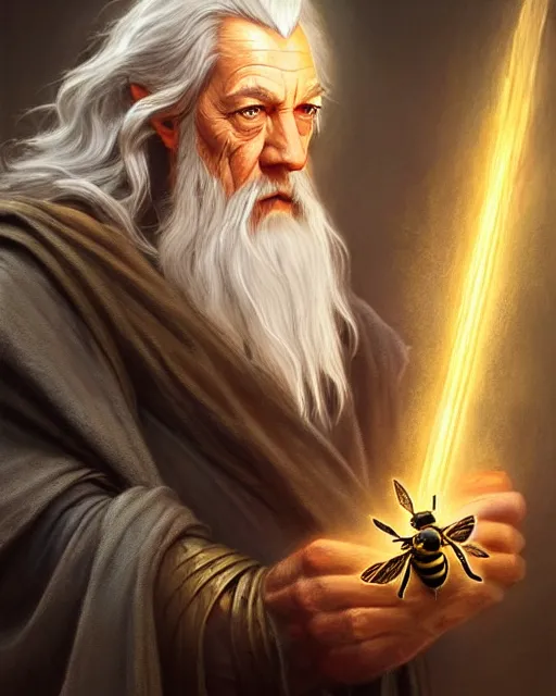 Prompt: Gandalf the grey casting a bee spell, crimson led, glowing, D&D, fantasy, intricate, elegant, highly detailed, digital painting, artstation, concept art, matte, sharp focus, illustration, hearthstone, art by Artgerm and Greg Rutkowski and Alphonse Mucha