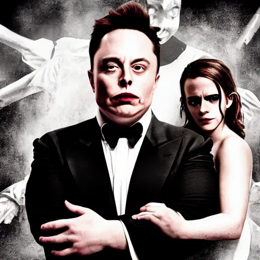 Image similar to horror movie poster featuring Emma watson and Morbidly obese Elon Musk 8k