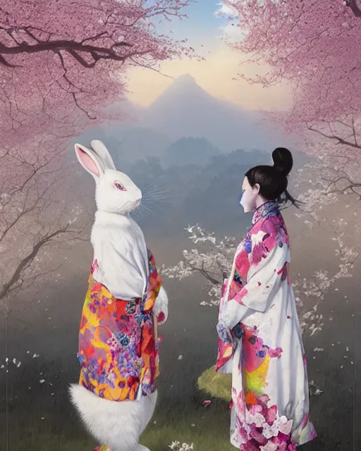 Prompt: ink on paper portrait of two white bunnies in colorfull kimonos in the foreground of a surreal environment with cherry blossoms by greg rutkowski and michael whelan