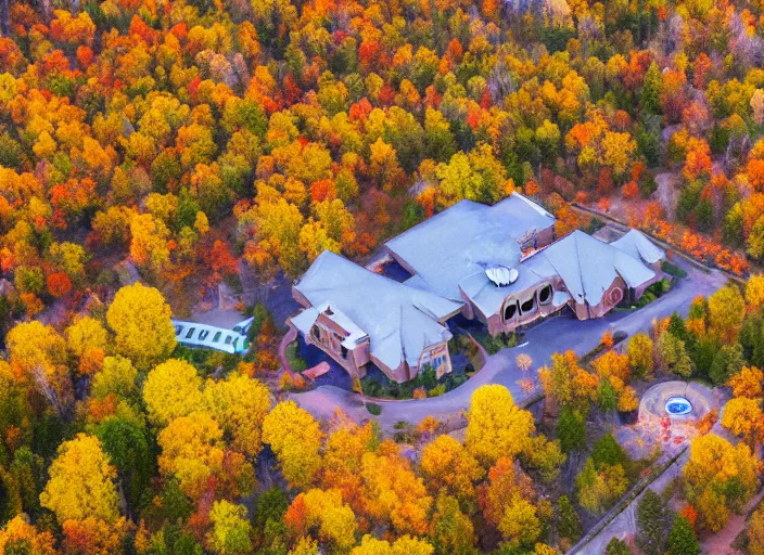 Image similar to low drone shot of a Disney style ranch style School campus in the middle of the Woods during autumn