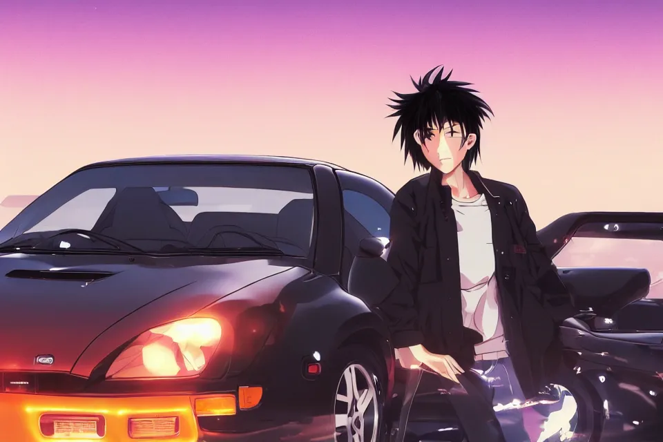 Image similar to aesthetic illustration of ryosuke takahashi with black hair, standing by his white glossy mazda rx 7 on an empty highway at sunrise, cinematic lighting, initial d anime 1 0 8 0 p, detailed anime face, high detail, 9 0 s anime aesthetic, volumetric lights, rule of thirds, unreal engine 5 render, pinterest wallpaper, trending on artstation