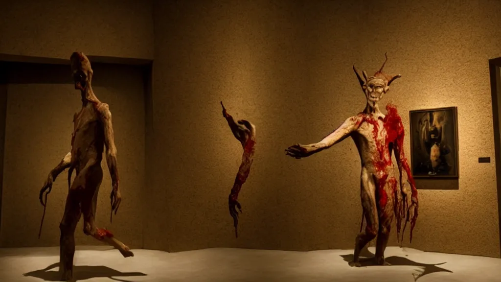 Image similar to the strange disdainful creature walks through the museum, made of wax and blood, film still from the movie directed by Denis Villeneuve with art direction by Salvador Dalí, wide lens