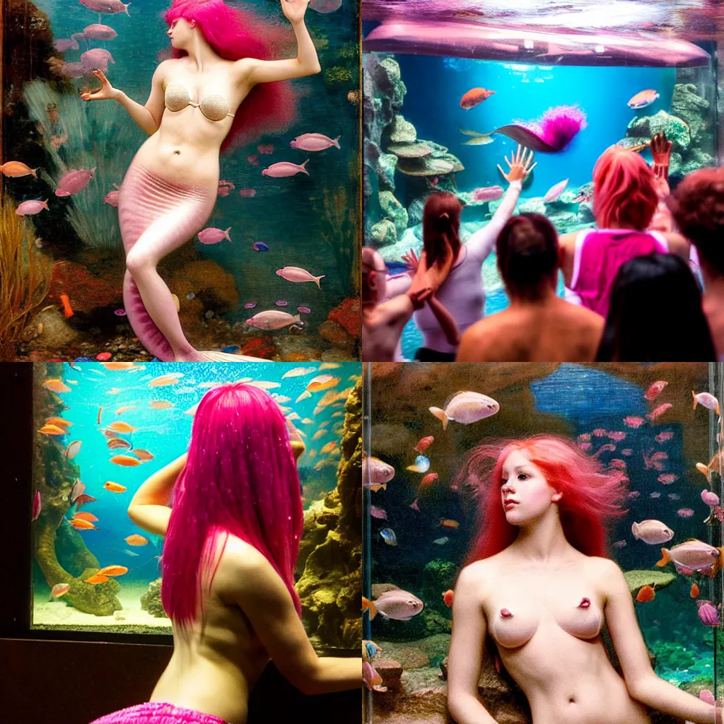 Prompt: impressionistic portrait of a pink haired mermaid wearing a shell bra banging on the glass cover of a public aquarium as a crowd watches in the style of john william waterhouse, Okinawa Churaumi Aquarium, spotlight