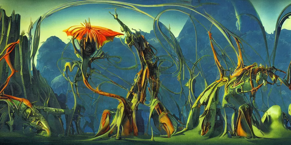 Image similar to a cold epic isograph print of a solarpunk alien by roger dean in the style of renaissance art, trending on art station