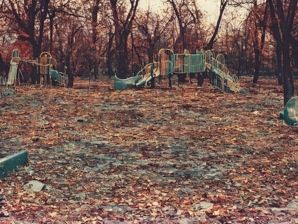 Image similar to a lomographic photo of abandoned playground of moscow, autumn, cinestill, bokeh