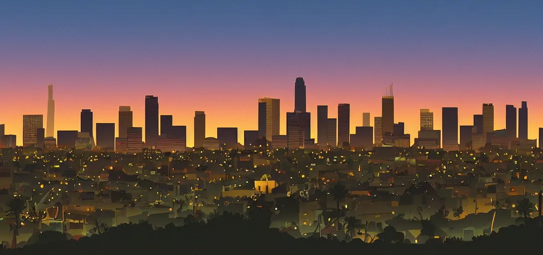 Prompt: cartoony skyline of l. a. at dusk by lou romano, pixar, disney