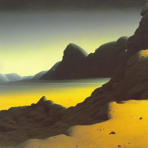 Prompt: a dark rocky landscape painted by zdzisław beksinski, 4 k