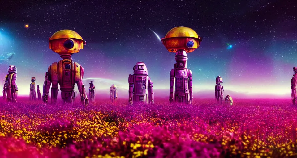 Prompt: a beautiful up close view of a mechanical mystical alien shrine in a field of multicolored colored flowers, underneath a star filled night sky, warm coloured, gigantic pillars and flowers, maschinen krieger, beeple, star trek, star wars, ilm, atmospheric perspective