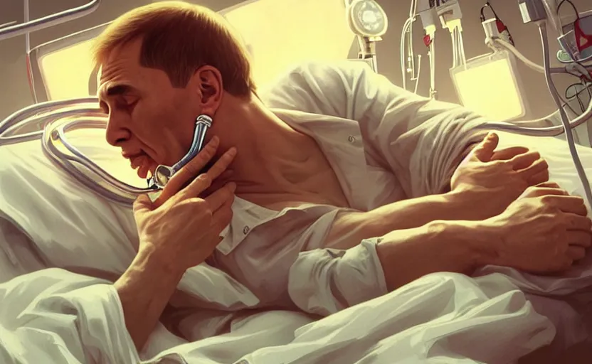 Prompt: Putin suffocates with oxygen mask on a hospital bed, intricate, portrait, highly detailed, digital painting, artstation, concept art, smooth, sharp focus, illustration, cinematic lighting, art by artgerm and greg rutkowski and alphonse mucha