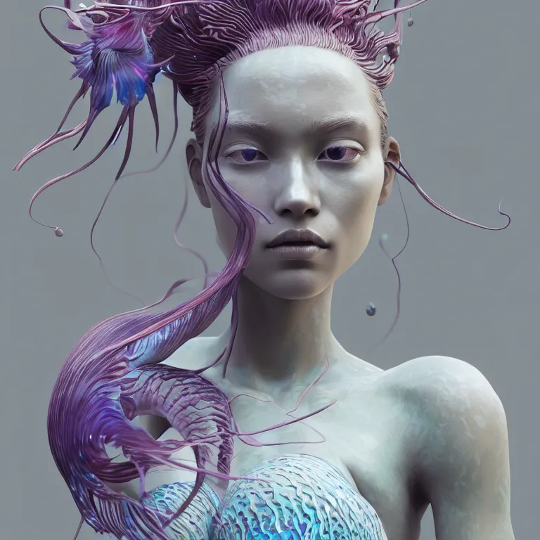 Image similar to goddess full painted acryllic sculpture close-up portrait. orchid bird phoenix jellyfish betta fish, intricate artwork by Tooth Wu and wlop and beeple. octane render, trending on artstation, greg rutkowski very coherent symmetrical artwork. cinematic, hyper realism, high detail, octane render, 8k