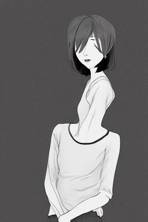 Prompt: portrait of a girl in long pants and a top, hands in pockets, eyes closed, bob haircut, digital art, black and white, illustration by roro kurotani