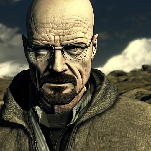 Prompt: screenshot of walter white from breaking bad in skyrim