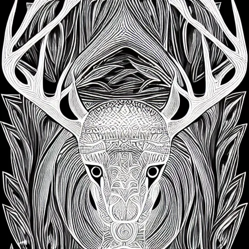 Image similar to a symmetrical portrait illustration of a deer black and white hand drawn sketch on artstation 4 k intricate extremely detailed digital art by alex grey