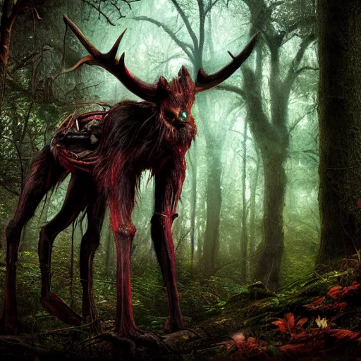 Prompt: Photorealistic wendigo in an ominous forest. Hyperdetailed photorealism, 108 megapixels, amazing depth, glowing rich colors, powerful imagery, psychedelic Overtones, 3D finalrender, 3d shading, cinematic lighting, artstation concept art