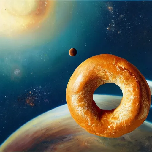 Image similar to all of the planets revolving around a giant Bagel, beautiful, oil on canvas, intricate, 8k highly professionally detailed, HDR, CGsociety