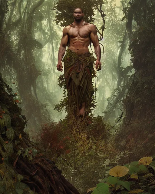 Image similar to god of the forest, 3 0 years old, rugged, male, gorgeous, detailed face, vines. forest, trees, flowers, amazing, muscular, intricate, highly detailed, digital painting, artstation, concept art, sharp focus, illustration, art by greg rutkowski and alphonse mucha