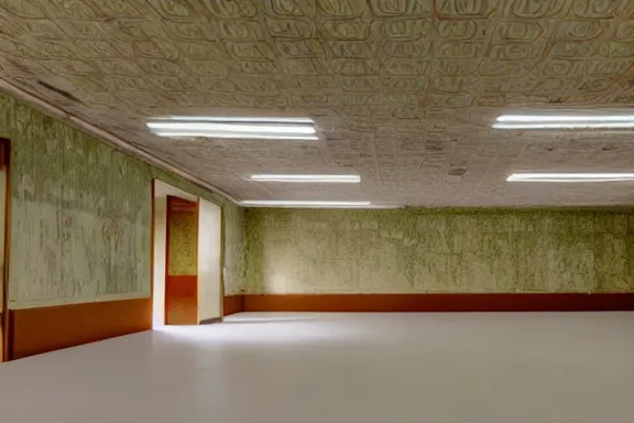 Image similar to an endless space of empty connecting rooms with old yellowed wallpaper from the 1970s and beige carpet lit by fluorescent lights