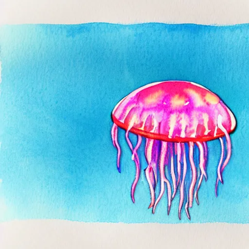 Prompt: neon florescent watercolor of a jellyfish