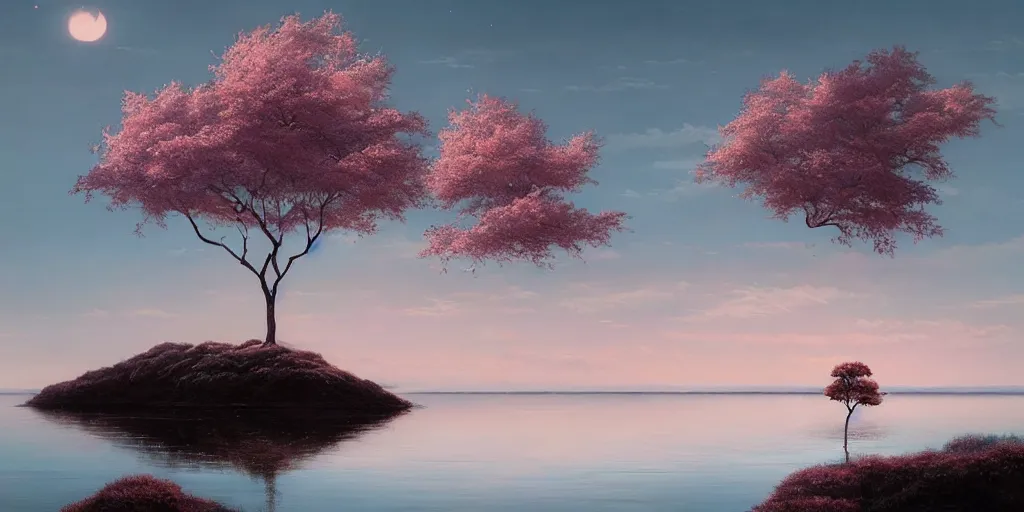 Prompt: vanishing point a single sakura tree upon a lake, viewed from afar, stephen bliss, unreal engine, illustration, fantasy art by greg rutkowski, loish, rhads, ferdinand knab, makoto shinkai and lois van baarle, ilya kuvshinov, rossdraws, tom bagshaw, global illumination, radiant light, minimalist, detailed and intricate environment