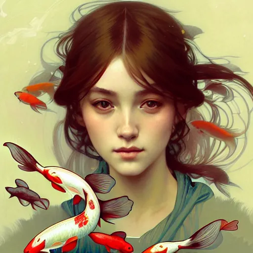 Image similar to Portrait of a girl surrounded by Koi fish, face, fantasy, intricate, elegant, highly detailed, digital painting, artstation, concept art, smooth, sharp focus, illustration, art by Krenz Cushart and Artem Demura and alphonse mucha