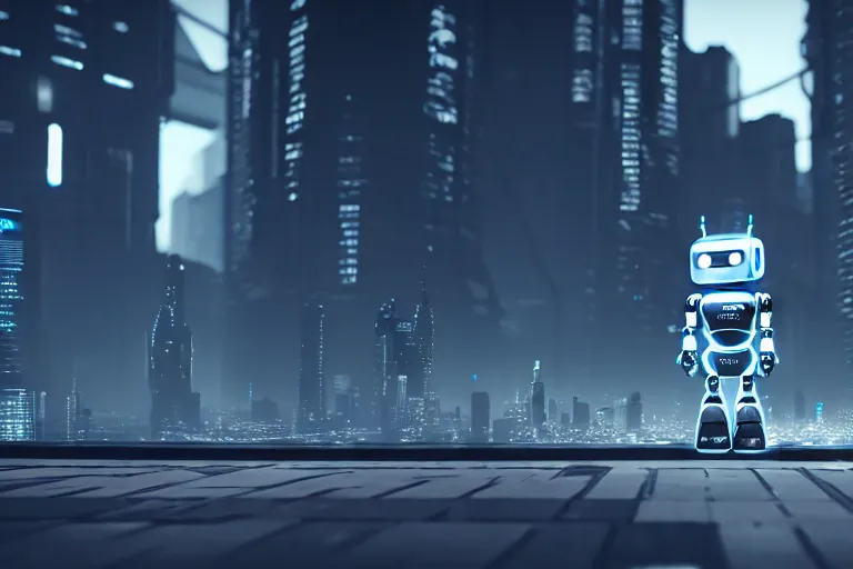 Image similar to a cute little robot in at cyberpunk city. super realistic 8 k render of a elegant, cinematic composition, black and white