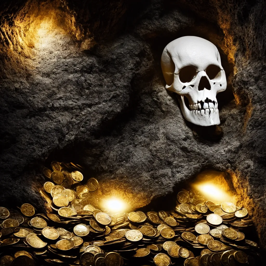 Image similar to white skull in the middle surrounded by old gold coins in a dark slate cave, a ray of light illuminates the skull, volumetric light, cinematic shot