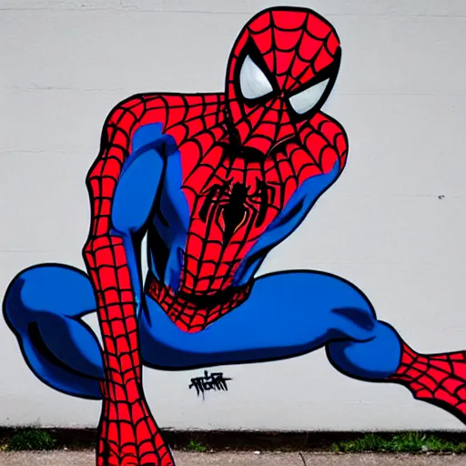 Image similar to graffiti art of spiderman wearing a latex mask of a pitbull dog