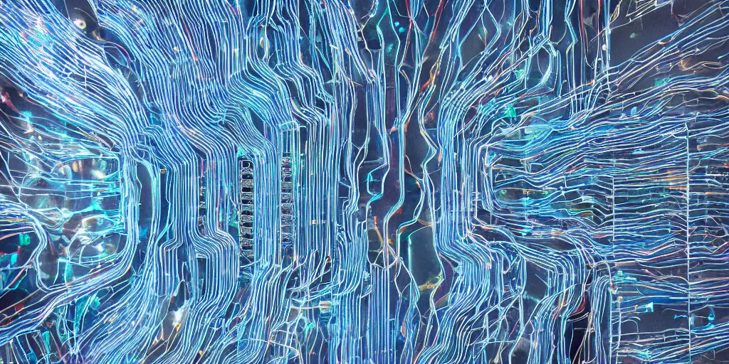 Prompt: a layered abstract sculpture made from densely detailed computer circuits, transistors, led, wire, macro photography, translucent pastel panels, smooth stylized shapes, embedded in clear epoxy, macro, overlapping layers, hyper - realistic vfx render
