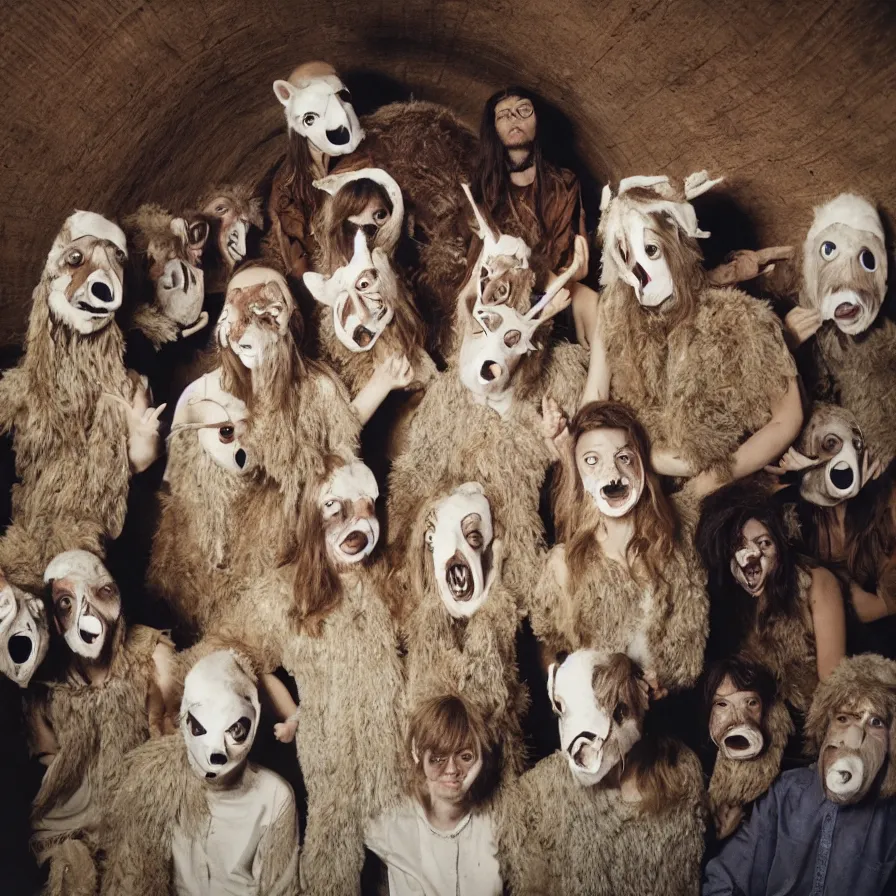 Prompt: cult members with taxidermic moth masks in a spiral tunnel, cinestill 8 0 0 t 3 5 mm, heavy grain, high quality, high detail