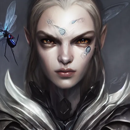 Prompt: portrait of humanoid mosquito resembling a knight in black armor with two dragonfly wings, league of legends splash art, hearthstone splash art, full body shot, rule of thirds, ultrafine hyperrealistic detailed face, artgerm, greg rutkowski, trending on artstation, 8 k, intricately detailed, highly detailed