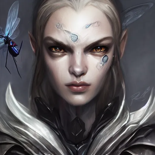 Image similar to portrait of humanoid mosquito resembling a knight in black armor with two dragonfly wings, league of legends splash art, hearthstone splash art, full body shot, rule of thirds, ultrafine hyperrealistic detailed face, artgerm, greg rutkowski, trending on artstation, 8 k, intricately detailed, highly detailed