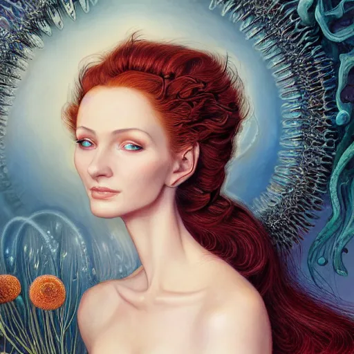 Image similar to facial portrait of a young pretty woman in flowing dress, arrogant, mysterious, long fine flowing hair, delicate, looking at camera, slightly awkward smile, realistic face, hands behind back, stylish, elegant, grimdark fantasy, flowers, extremely detailed painting inspired by Gerald Brom and Ernst Haeckel and Kaluta