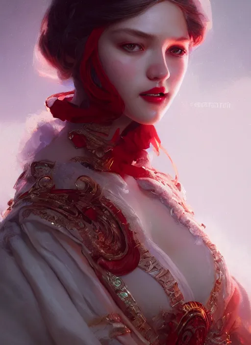 Prompt: portrait of royal princess, intricate silk clothing, cute face, red closed lips, fantasy, digital illustration, hyperealisism, award winning, octane renderer, warm cinematic lighting, style of wlop, greg rutkowski, ruan jia, artgerm, yasar vurdem