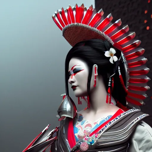 Image similar to geisha warrior ornated armor war paint, detailed, jewelry, sakura,photograph, award wining, red and white, trending on artstation, 4k, unreal engine 5, octane render, neon highlights