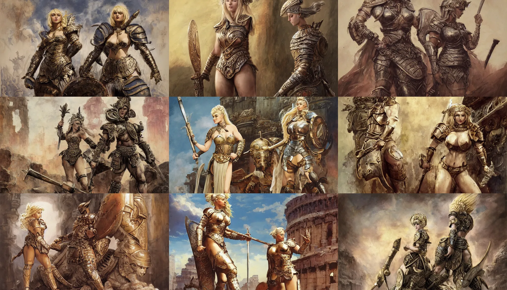 Prompt: A mixed media painting of a beautiful blonde warrior goddess in a coliseum, roman legionary armor, very aesthetic, curvy, detailed face and eyes, by Frank Frazetta, Boris Vallejo, Greg Rutkowski, Beeple, Yoko Taro, Christian MacNevin, epic fantasy character art, roman numerals, high fantasy, CGsociety, full length, exquisite detail, post-processing, masterpiece, cinematic, coliseum backdrop