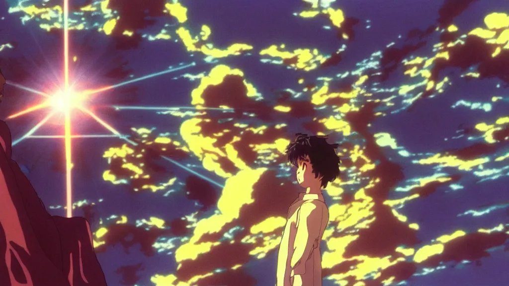 Image similar to god waits in front of volumetric light, anime film still from the an anime directed by katsuhiro otomo with art direction by salvador dali, wide lens