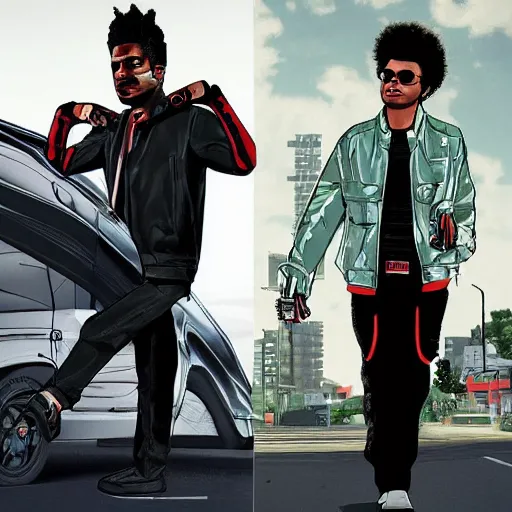 Prompt: the weeknd and michael jackson in the style of gta v artwork, digital art