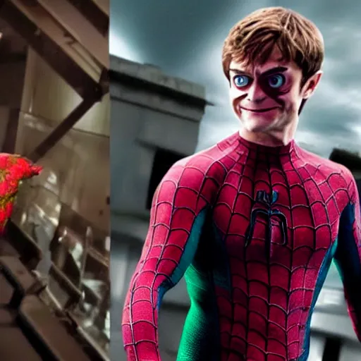 Image similar to Tobey Maguire as the Green Goblin, fighting Daniel Radcliffe as Spider-Man, 2023 movie preview, screenshot, promotional still, Ultra HD, 8k, realistic