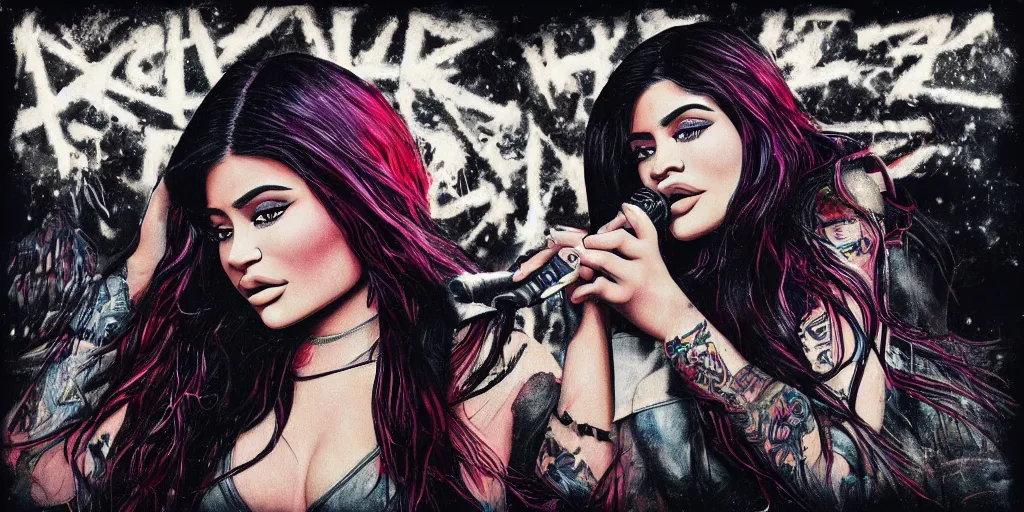 Prompt: hyper realistic kylie jenner on a tomorrow land stage in the style of a slipknot album cover, minimal art style, highly detailed, intricate, digital painting, artstation, 3 5 mm film grain