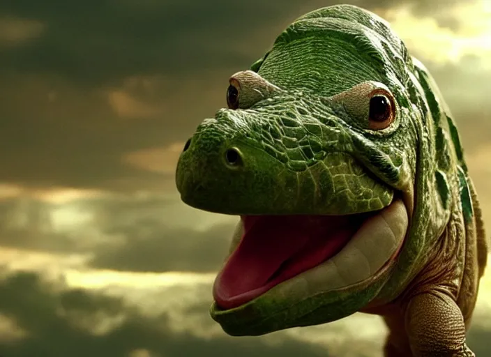 Image similar to film still of yoshi in the new sci - fi movie, cute upright dinosaur with a small turtle shell and long tongue, 8 k