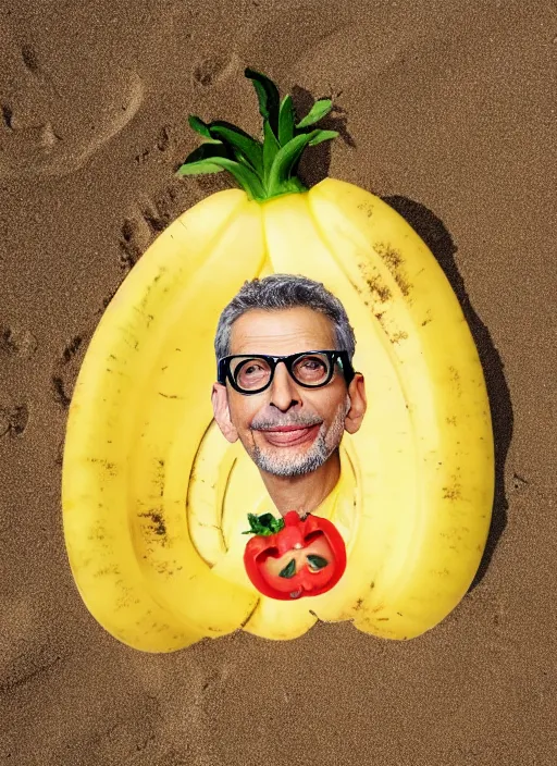 Image similar to jeff goldblum as a banana tomato on the sand of a beach