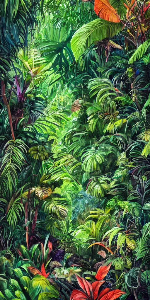 Prompt: deep in the jungle with exotic plant life, colorful tropical plants, natural botanical gardens, vines along the jungle floor, acrylic painting by nick garbutt, artstation, concept art, award winning,