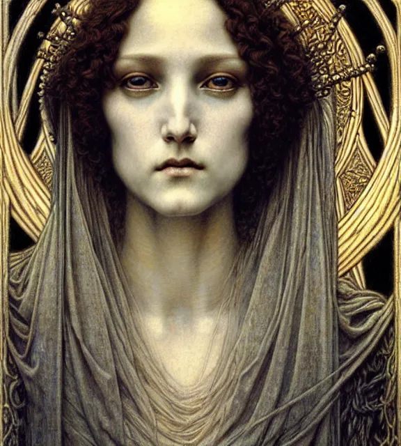 Image similar to detailed realistic beautiful young medieval queen face portrait by jean delville, gustave dore and marco mazzoni, art nouveau, symbolist, visionary, gothic, pre - raphaelite. horizontal symmetry