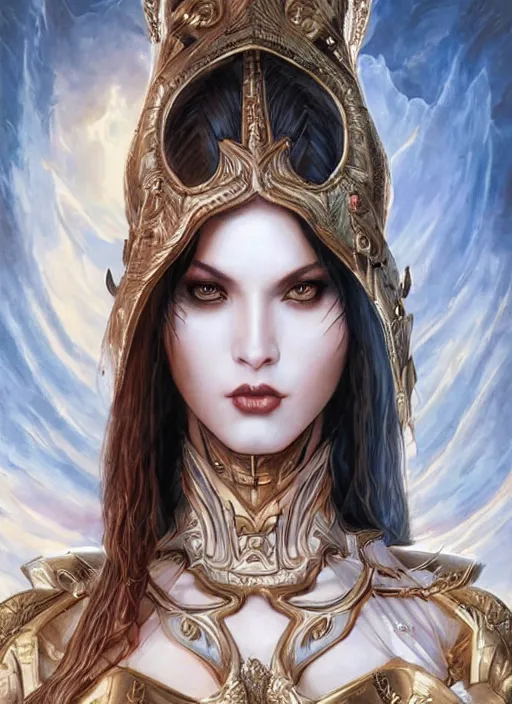 Image similar to a highly detailed symmetrical painting of a female model fantasy amazon with piercing beautiful eyes, trending art by artgerm and karol bak and mark brooks and donato giancola and bayard wu and gustav moreau and wayne barlowe