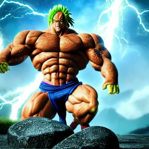 Prompt: photorealistic full shot of Dwayne Johnson as Broly at moonlight, lightning bolt, apocalyptic background, by Akira Toriyama, high detail, unreal engine 4k volumetric light, fog,